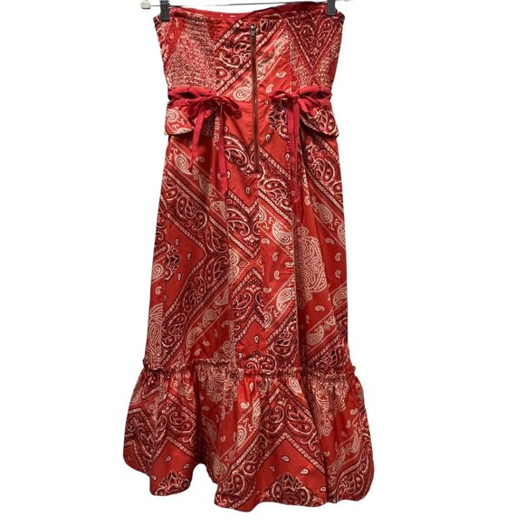 Anthropologie Strapless Bandana Ruffle Midi Dress, Pockets, Red Orange, 4 - Picture 10 of 11